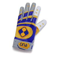 Top view of Ona EcoGrip Polo Glove with a geometric pattern in yellow, blue, and white colors.