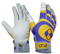 A pair of Ona EcoGrip Polo Gloves with a geometric pattern in yellow, blue, and white colors.